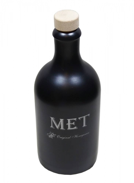 Steinzeugflasche 500ml schwarz-matt, bedruckt mit "Met" silber, Mündung 19mm inkl. pasendem Holzgriffkork natur